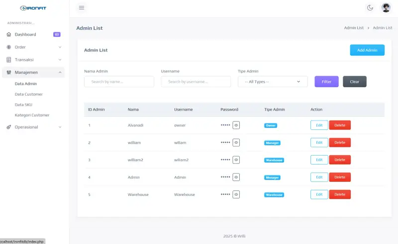 Ironfit Admin, screen 2
